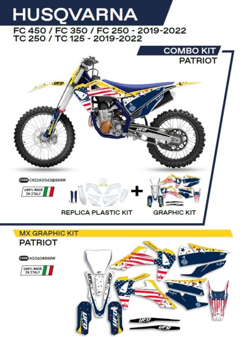 UFO KOMPLET PLASTIKÓW HUKIT622999W PLUS KOMPLET NAKLEJEK (OKLEIN) HUSQVARNA TC 125/250 '19-'22; FC 250/350/450 '19-'22 W ZESTAWI