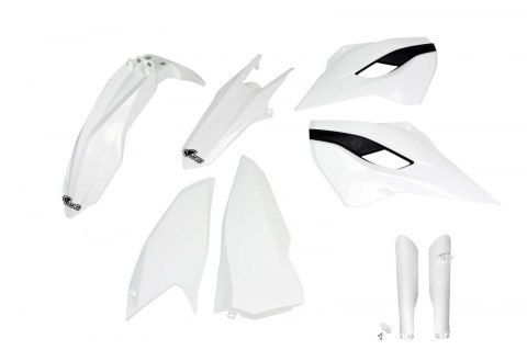 UFO KOMPLET PLASTIKÓW (FULL KIT) Z OSŁONAMI TELESKOPÓW (AMORTYZATORÓW) HUSQVARNA TE/FE 125/250/300/350/450 '15-'16 KOLOR BIAŁY (