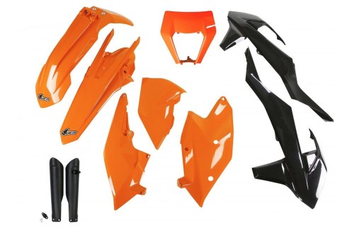 UFO KOMPLET PLASTIKÓW (FULL KIT) Z OSŁONAMI TELESKOPÓW (AMORTYZATORÓW) KTM EXC/EXC-F TPI '17-'19 Z OSŁONĄ LAMPY KOLOR OEM (POMAR