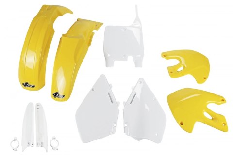 UFO KOMPLET PLASTIKÓW (FULL KIT) Z OSŁONAMI TELESKOPÓW (AMORTYZATORÓW) SUZUKI RM 125 / 250 '99-'00 KOLOR OEM (BIAŁY/ŻÓŁTY) (SU40