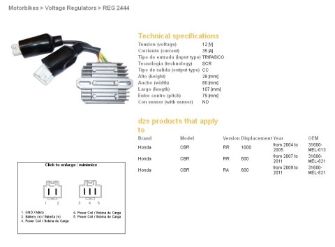 DZE REGULATOR NAPIĘCIA HONDA CBR 600RR '07-'11; CBR 1000RR '04-'05 (31600-MEL-821) (ESR439) (SH678FD; SH678FB)