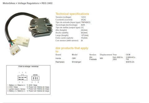 DZE REGULATOR NAPIĘCIA HONDA CBR 900RR '02-'03 (CBR954) (ESR690) (31600-MCJ-750) (SH678DA) (35A)