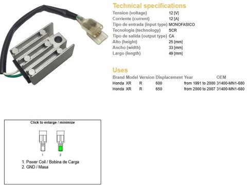DZE REGULATOR NAPIĘCIA HONDA XR 600R '91-'00; XR 650R '00-'07 (OEM 31400-MN1-680) (12A)