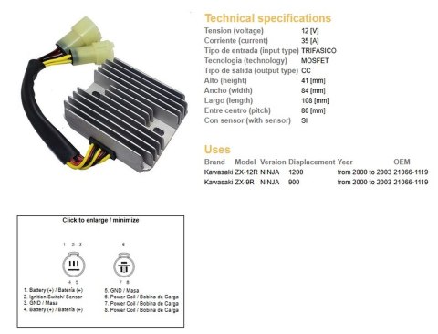 DZE REGULATOR NAPIĘCIA KAWASAKI ZX-9R '00-'03; ZX 12R '00-'03 (35A) (21066-1119) (ESR516)