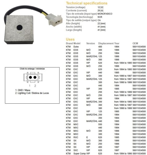 DZE REGULATOR NAPIĘCIA KTM EGS 125/250/300/360 '96; EXC 125/200/250/300/380 '98-'99, SC 620 '94-'98; TXC 400/620 '98 (OEM 580110