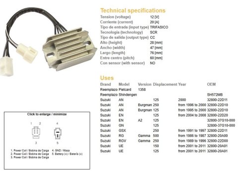 DZE REGULATOR NAPIĘCIA SUZUKI AN 125/250 BURGMAN '95-'00; EN 125; GN 125; UE 125/150 '01-'11 (32800-22D11, 32800-22D10, 32800-37