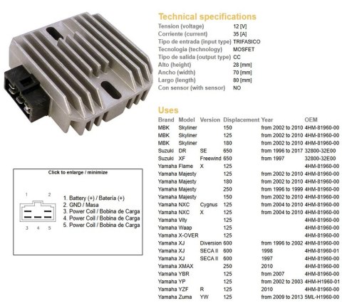 DZE REGULATOR NAPIĘCIA SUZUKI DR 650SE '96-'17; XF 650 FREEWIND '97; YAMAHA 125/150/180/250 MAJESTY '96-'10; XJ 600 DIVERSION '9