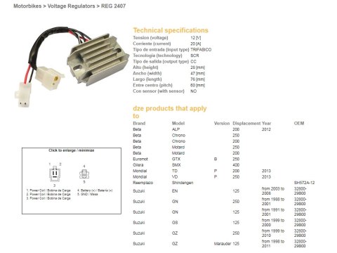 DZE REGULATOR NAPIĘCIA SUZUKI GN 125 '91-'01; GN 250 '88-'01; GS 125 '99-'00; EN 125 '03-'08; BETA (ESR142) (32800-29B00)