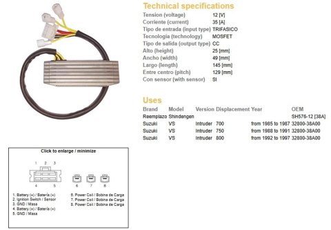 DZE REGULATOR NAPIĘCIA SUZUKI VS 700 INTRUDER '85-'87; VS 750 INTRUDER '88-'91; SUZUKI VS 800 '92-'97 (32800-38A00) (ESR752)