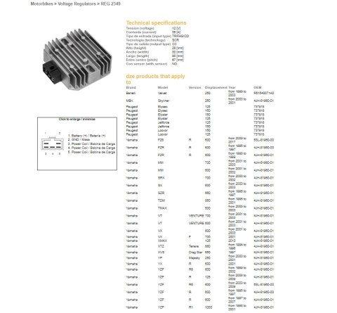 DZE REGULATOR NAPIĘCIA YAMAHA FZ6 '09-'17; FZR 600R '95-'99; SRX 700 '00-'02; TDM 850 '96-'01; TMAX 500 '00-'03; VT 700 VENTURE 