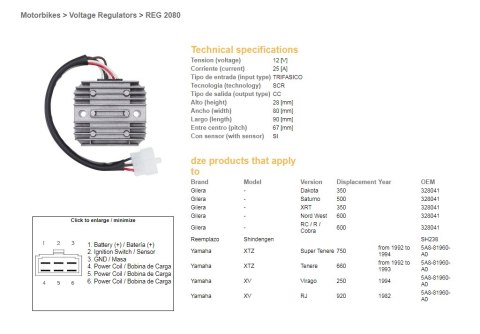 DZE REGULATOR NAPIĘCIA YAMAHA XTZ 660 '92-'93, XTZ 750 '92-'94, XV 250 VIRAGO '94; GILERA DAKOTA/SATURNO/XRT/NORD WEST/ RC/R/COB
