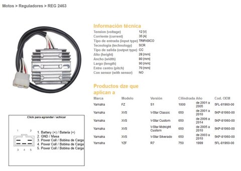 DZE REGULATOR NAPIĘCIA YAMAHA XVS 650 V-STAR '01-'16; YZF 750 R7 '99; FZS 1000 '01-'05; (5KP-81960-00) (35A) (ESR266) (5FL-81960
