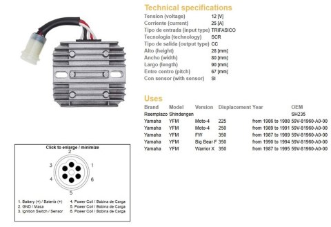 DZE REGULATOR NAPIĘCIA YAMAHA YFM 225/250 MOTO-4 '86-'91; YFM 350 FW '87-'89; YFM 350 BIG BEAR '90-'94; YFM 350X WARRIOR '87-'95